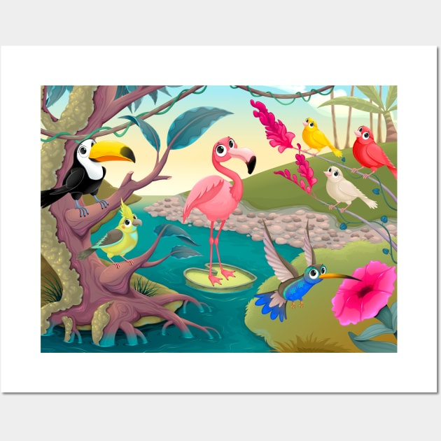 Group of funny tropical birds in the jungle Wall Art by ddraw